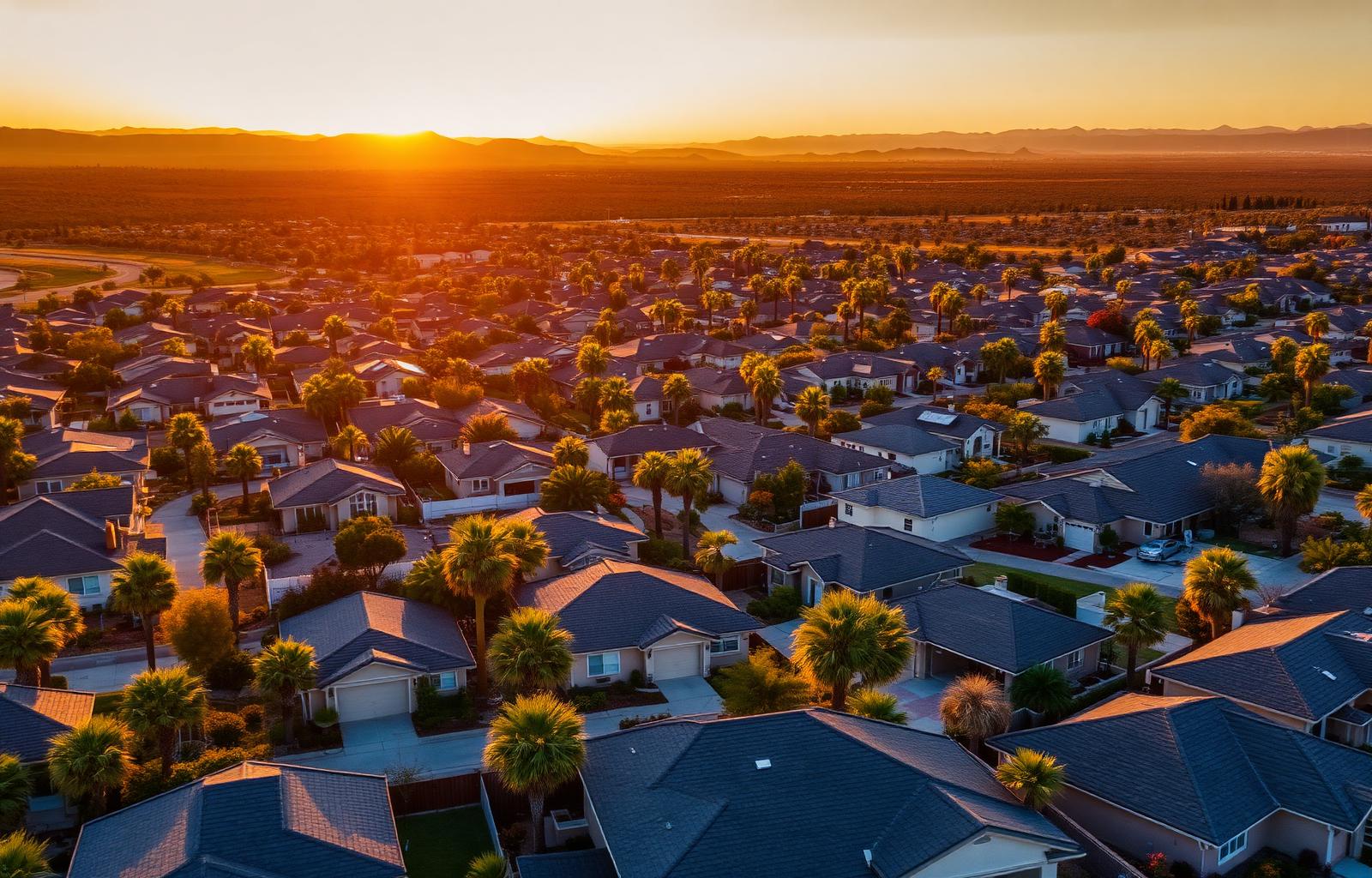 Aerial view of Fresno County homes at sunset